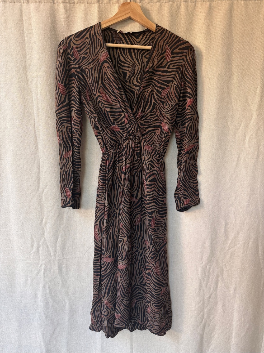 Vintage Black & Pink Zebra-Print Midi Wrap Dress